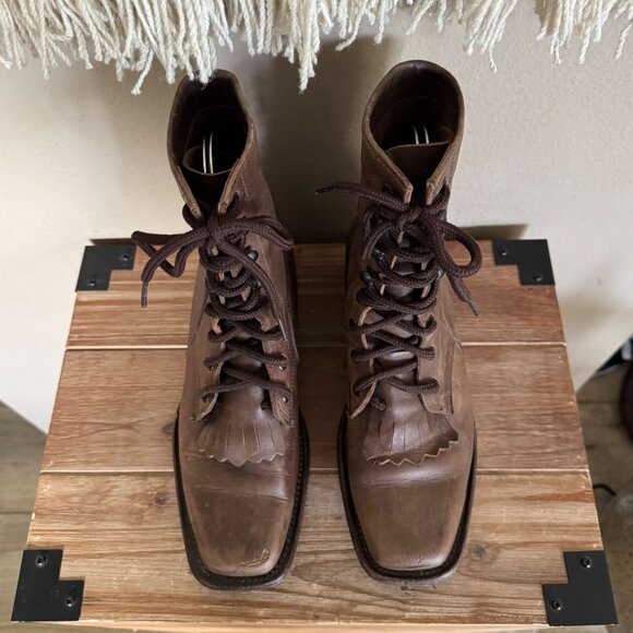 Raywelt Brown Leather Square Toe Fringe Roper Lace Up Ankle Boot Size  7.5 - Picture 5 of 17